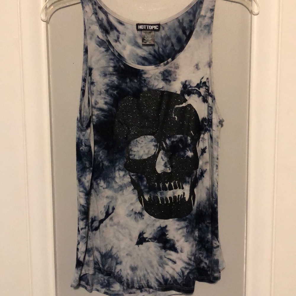Blue and white tie-dye skull tank top Med